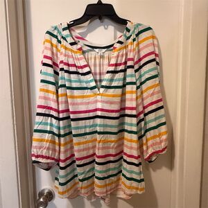 Crown & Ivy Women's Plus 1X Multicolor Striped V-Neck Blouse 3/4 Sleeve